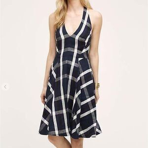 Eva‎ Franco Ava Dress 8P Plaid Halter Plaid Summer Sundress Linen Navy Violet